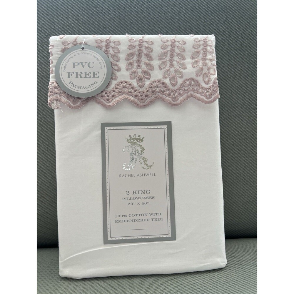 Rachel Ashwell KING Pillowcases WHITE COTTON EMBROIDERED Pink Trim 20 X 40 New